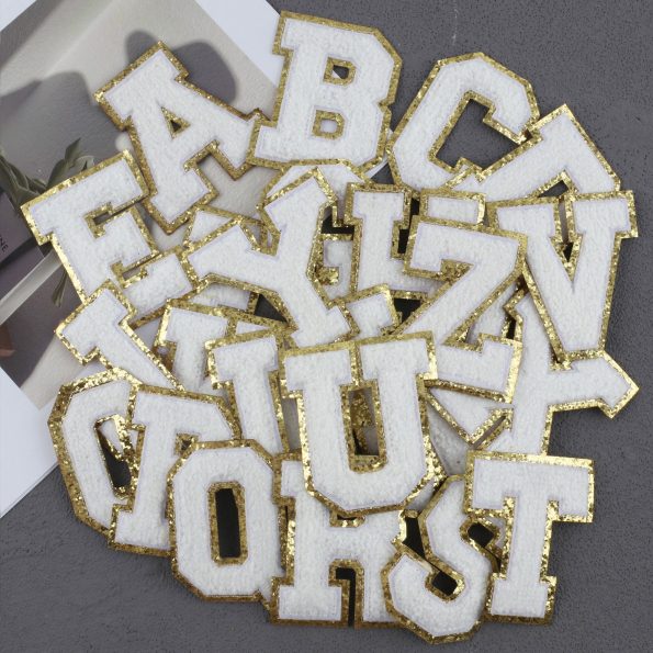 8cm In Stock Gold Border Alphabet Letter patches Clothing Chenille Patch Iron On Letters Patch