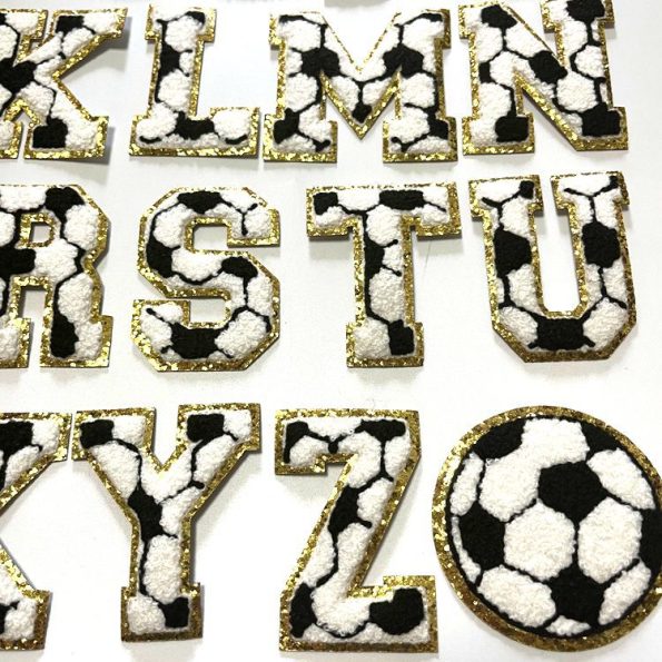 7.5cm football English chenille letter patch with gold glitter