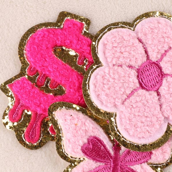 Pink Diamond Smiley Face Flowers Butterfly Dollar Chenille patch